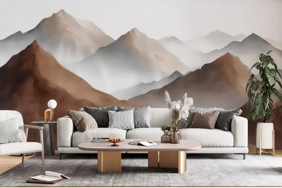 wall murals Магловити планински врхови у беж-смеђој палети у акварел стилу w09857
