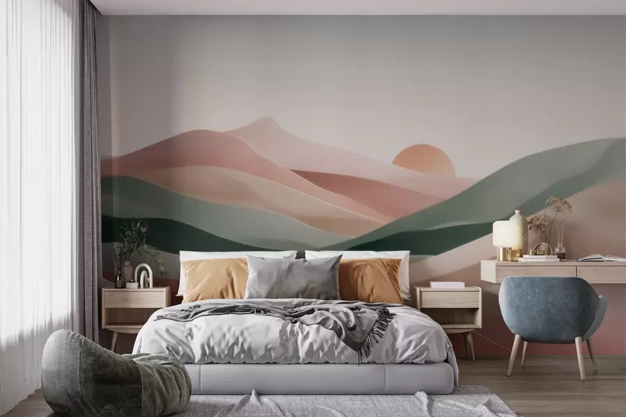 wall murals Апстрактни пустињски пејзаж у пастелно зелено-ружичастој палети, минимализам w09860