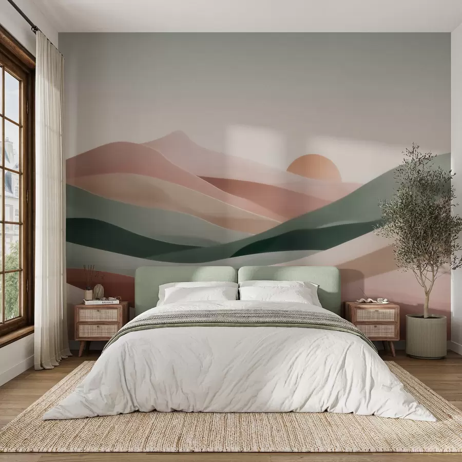 wall murals Апстрактни пустињски пејзаж у пастелно зелено-ружичастој палети, минимализам w09860