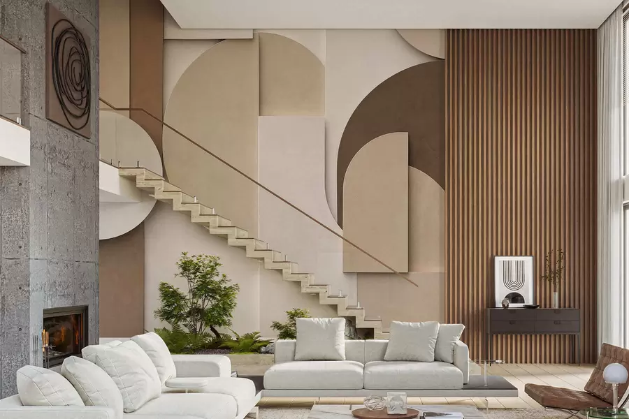 wall murals Текстурирани беж геометријски облици у слојевитој 3Д композицији, минималистичка модерна зидна уметност w05598