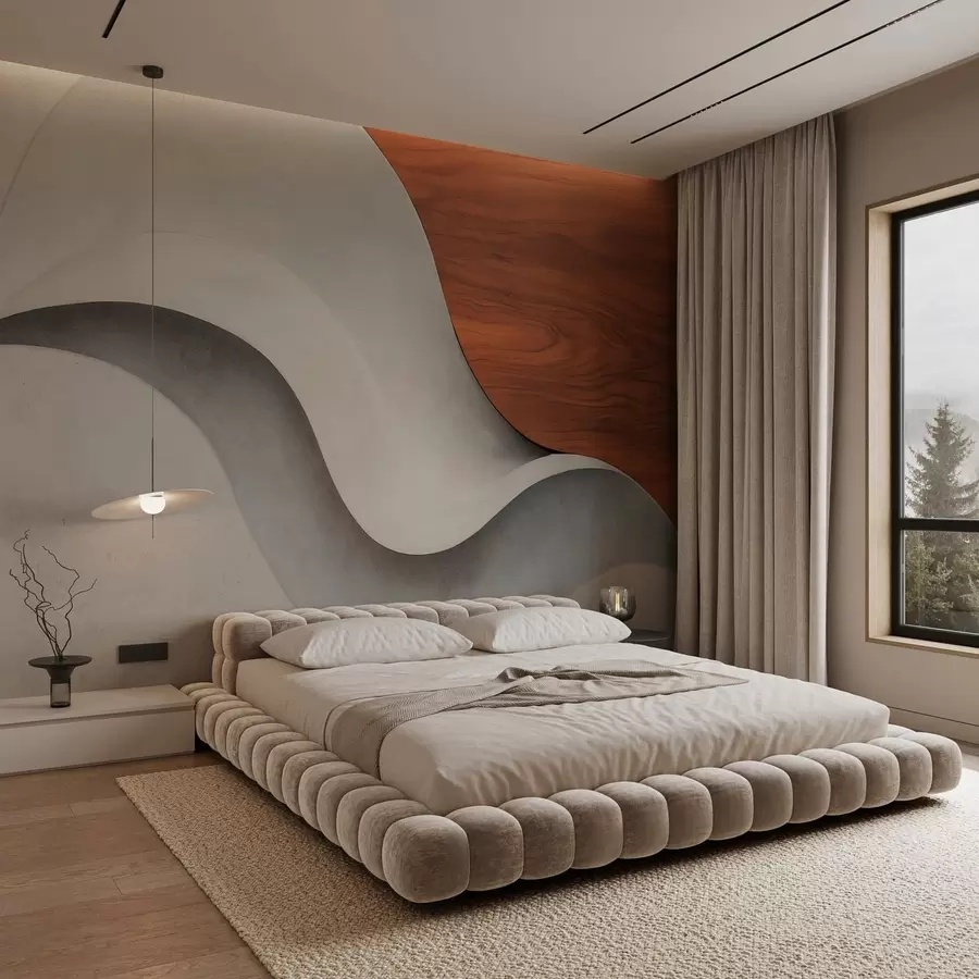 wall murals Течни апстрактни таласи са топлим дрвеним акцентима, минималистички савремени дизајн w05599