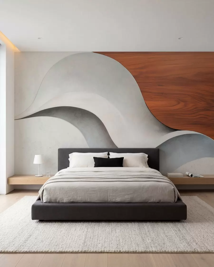 wall murals Течни апстрактни таласи са топлим дрвеним акцентима, минималистички савремени дизајн w05599