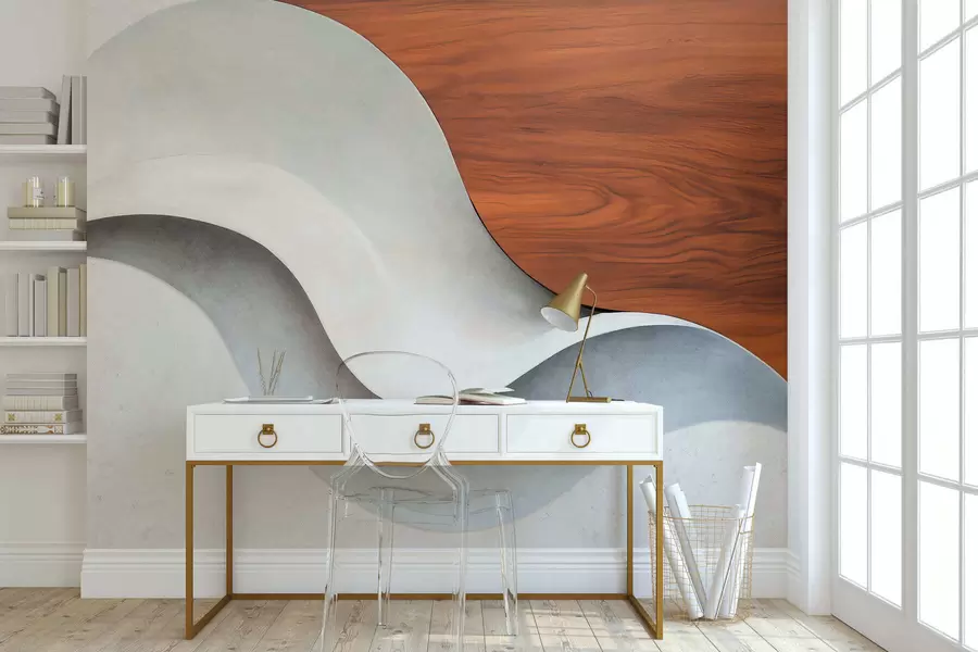 wall murals Течни апстрактни таласи са топлим дрвеним акцентима, минималистички савремени дизајн w05599