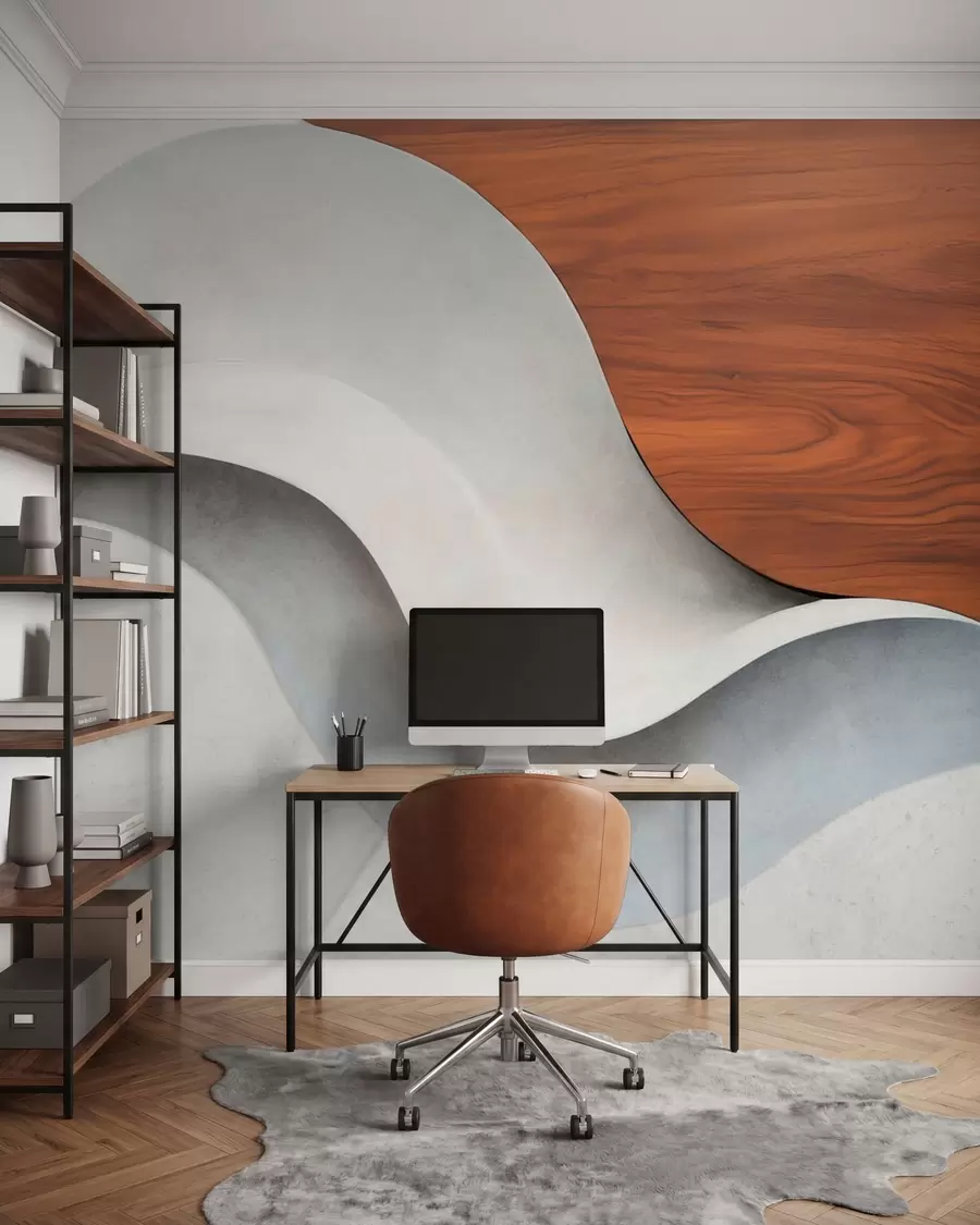 wall murals Течни апстрактни таласи са топлим дрвеним акцентима, минималистички савремени дизајн w05599