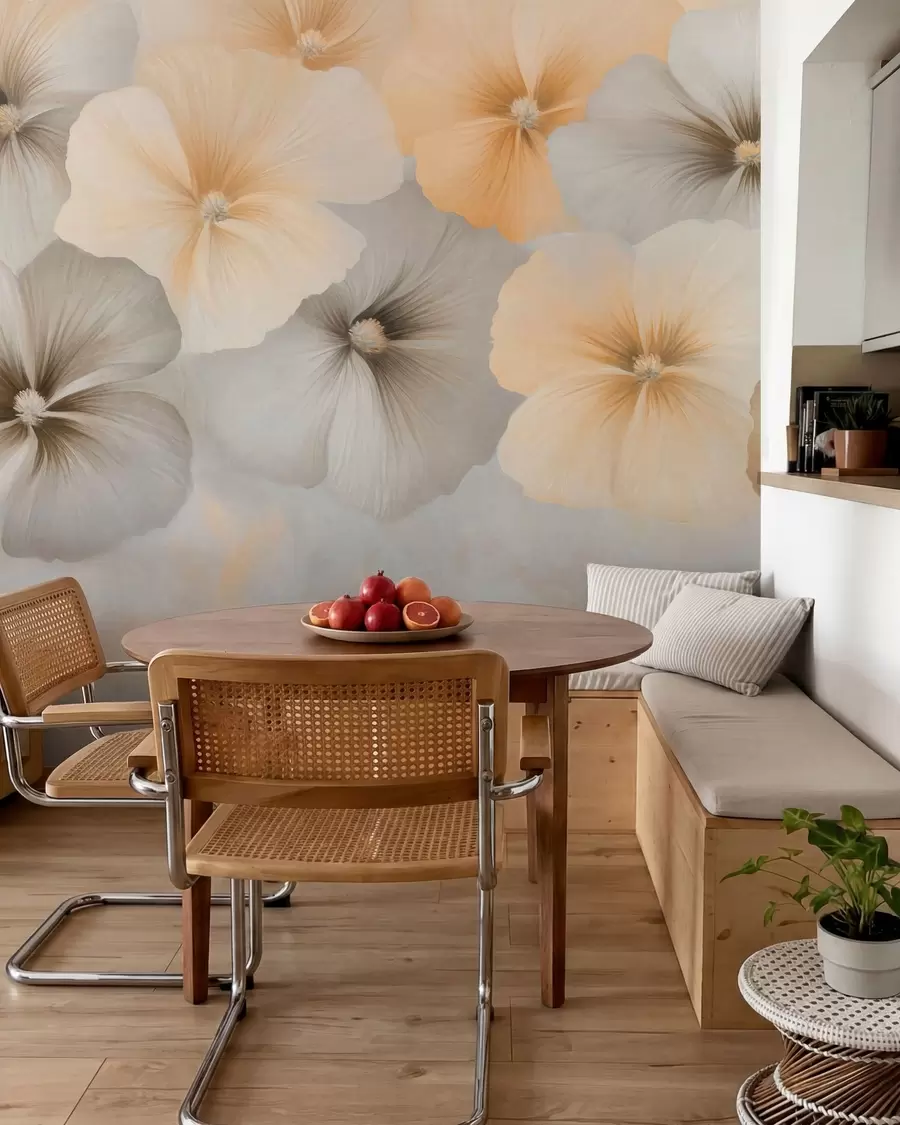 wall murals Нежно пастелно цвеће са кремастим жутим и сивим тоновима на нежној позадини w05600
