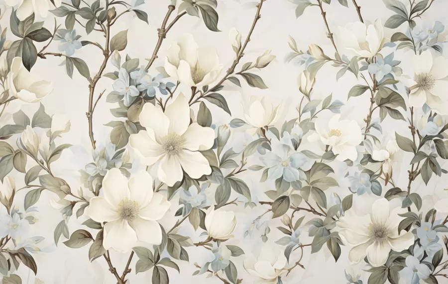 wall murals Нежно цвеће и меко зелено лишће у сликарском винтаге стилу са суптилним потезима четкице w05601