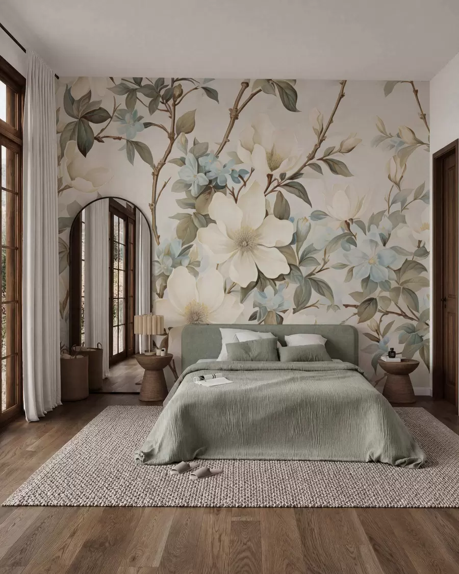 wall murals Нежно цвеће и меко зелено лишће у сликарском винтаге стилу са суптилним потезима четкице w05601