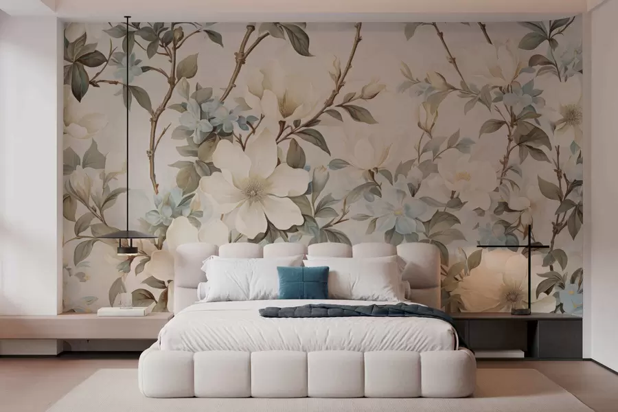 wall murals Нежно цвеће и меко зелено лишће у сликарском винтаге стилу са суптилним потезима четкице w05601