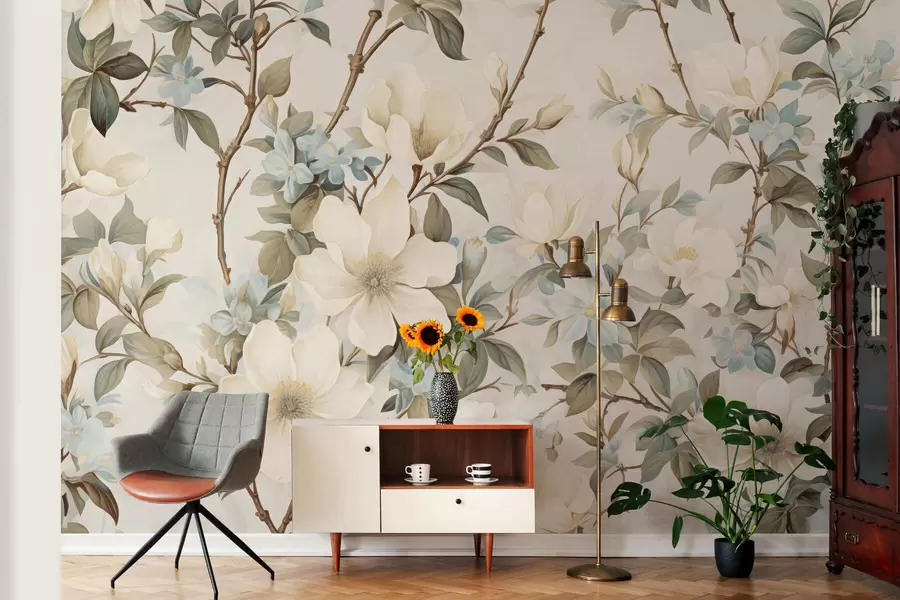 wall murals Нежно цвеће и меко зелено лишће у сликарском винтаге стилу са суптилним потезима четкице w05601