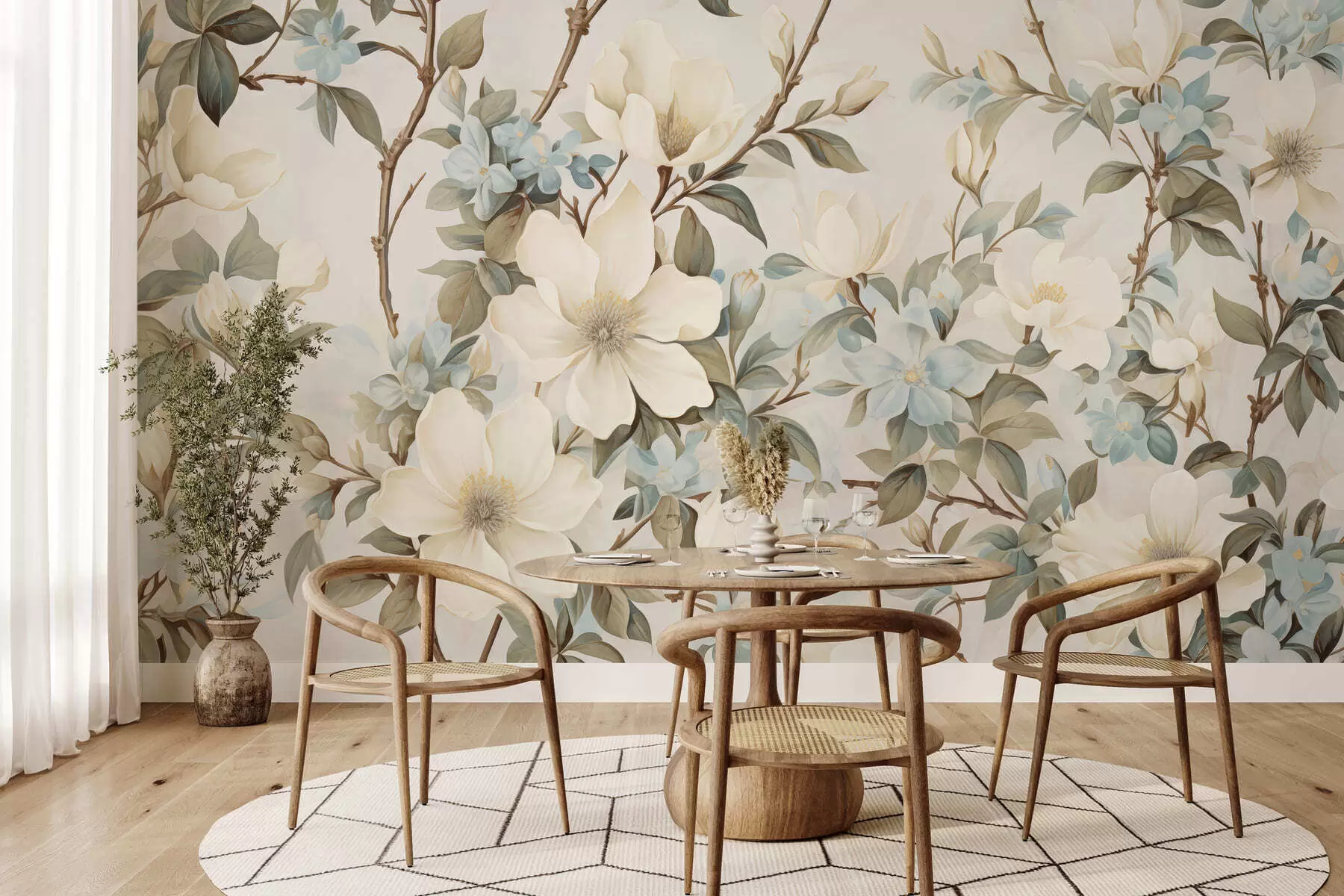 wall murals Нежно цвеће и меко зелено лишће у сликарском винтаге стилу са суптилним потезима четкице w05601