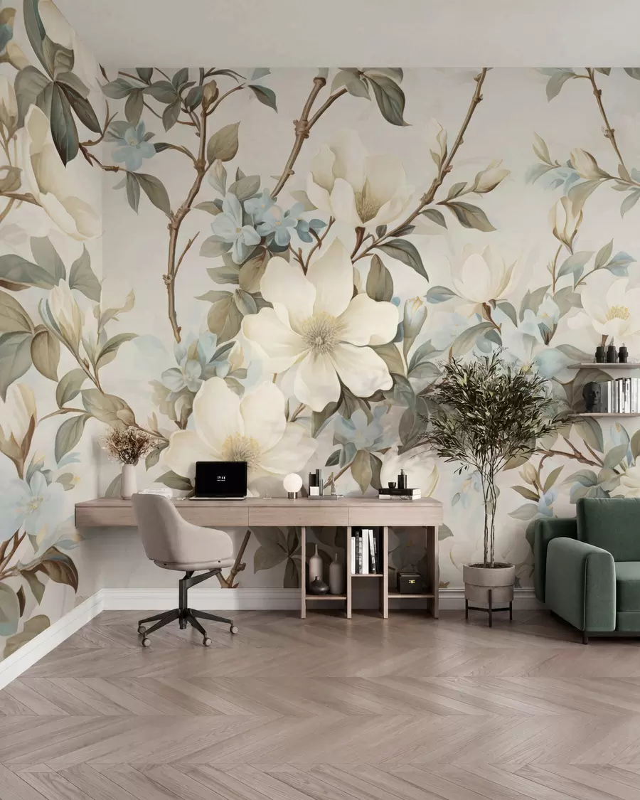 wall murals Нежно цвеће и меко зелено лишће у сликарском винтаге стилу са суптилним потезима четкице w05601