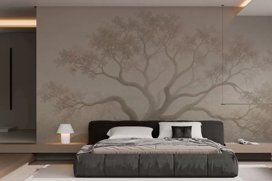 wall murals Минималистички магловити пејзаж дрвећа у меким беж тоновима, сањива атмосферска уметност w05602
