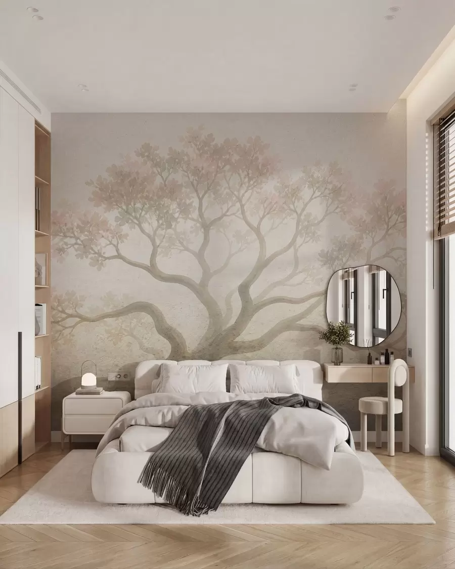 wall murals Минималистички магловити пејзаж дрвећа у меким беж тоновима, сањива атмосферска уметност w05602