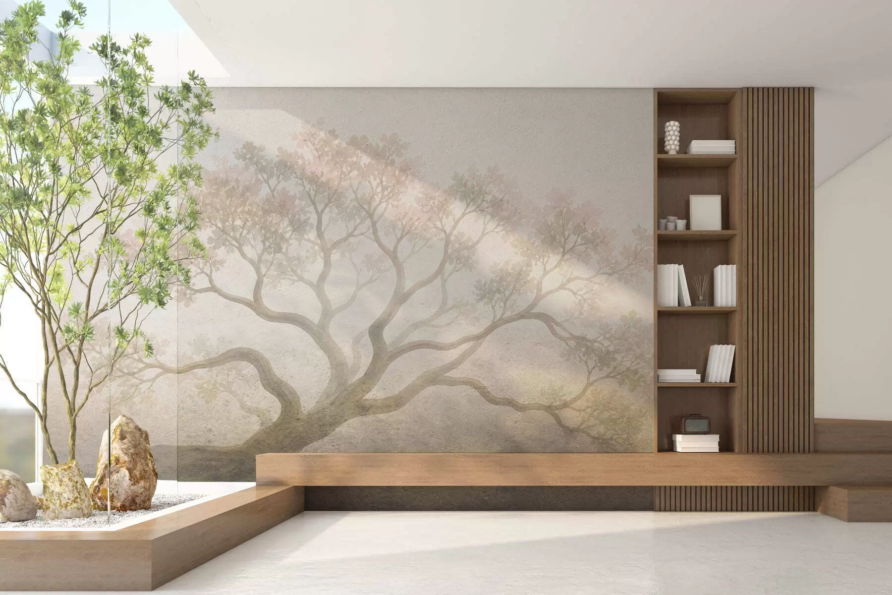 wall murals Минималистички магловити пејзаж дрвећа у меким беж тоновима, сањива атмосферска уметност w05602