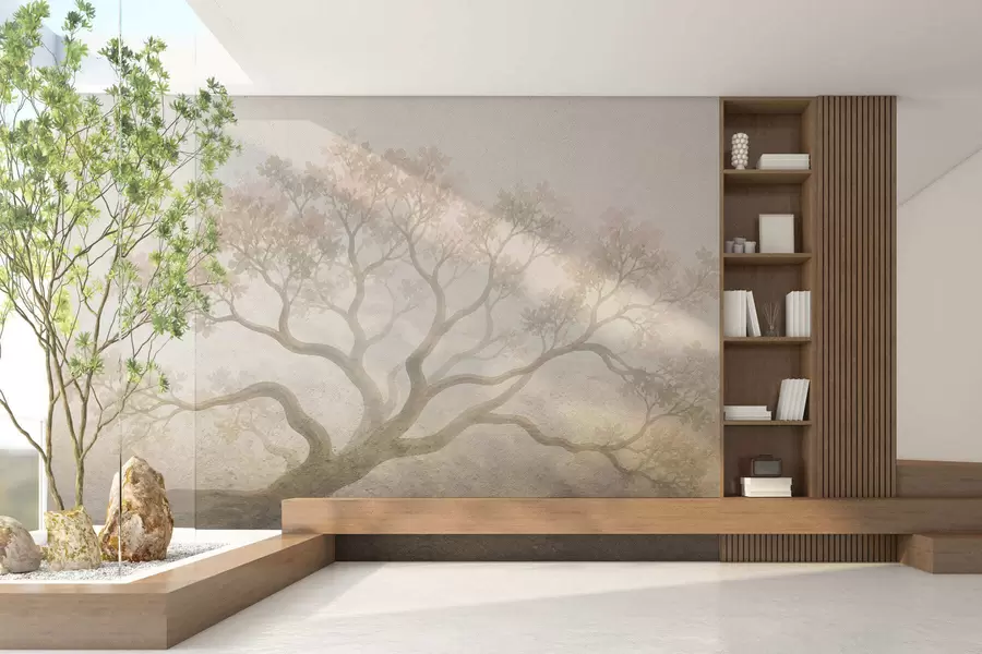 wall murals Минималистички магловити пејзаж дрвећа у меким беж тоновима, сањива атмосферска уметност w05602