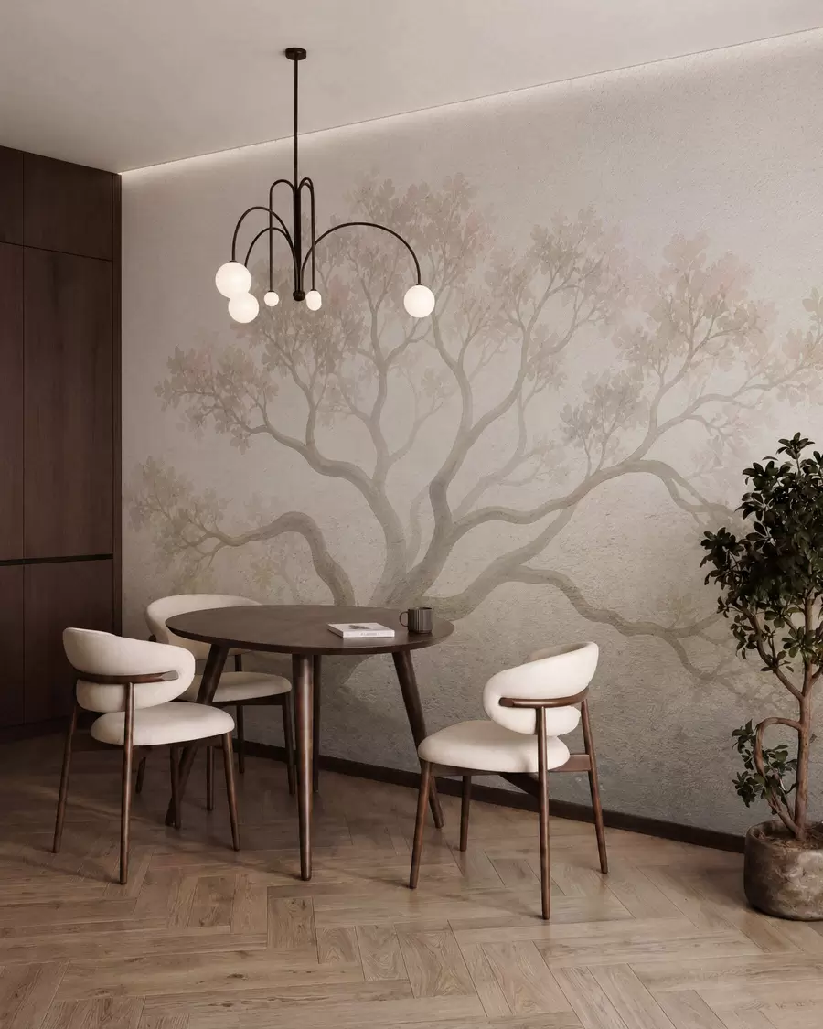 wall murals Минималистички магловити пејзаж дрвећа у меким беж тоновима, сањива атмосферска уметност w05602