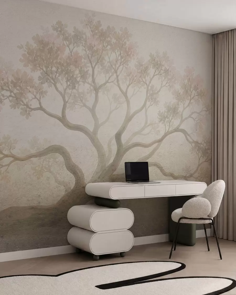 wall murals Минималистички магловити пејзаж дрвећа у меким беж тоновима, сањива атмосферска уметност w05602