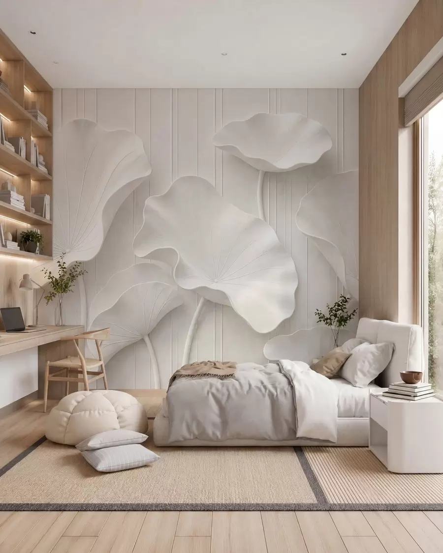 wall murals Бели скулптурални цветни рељеф са слојевитим латицама, елегантна 3Д зидна уметност w05604
