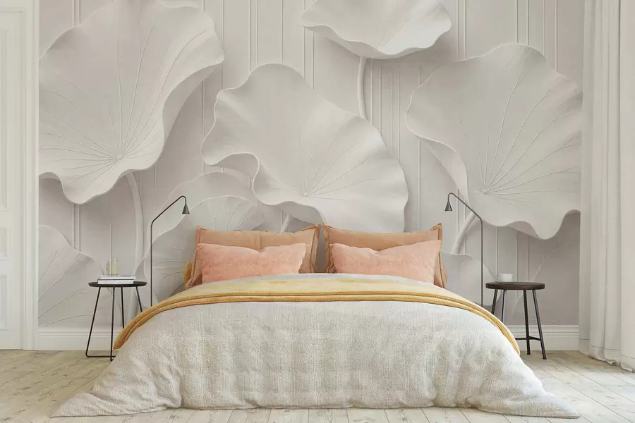 wall murals Бели скулптурални цветни рељеф са слојевитим латицама, елегантна 3Д зидна уметност w05604