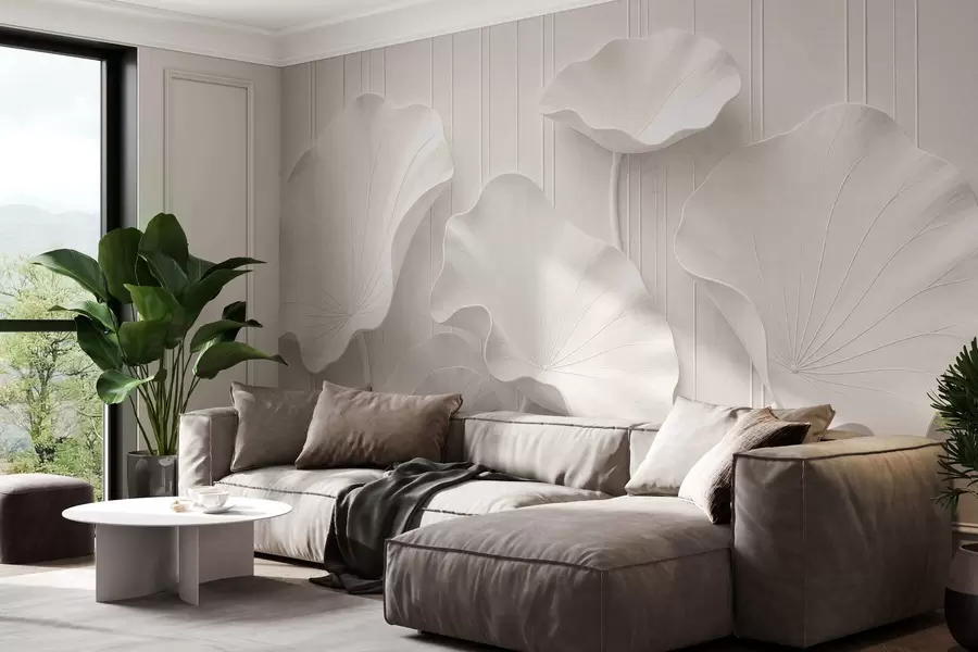 wall murals Бели скулптурални цветни рељеф са слојевитим латицама, елегантна 3Д зидна уметност w05604