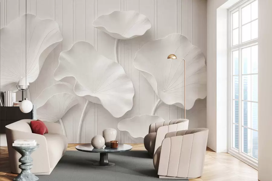 wall murals Бели скулптурални цветни рељеф са слојевитим латицама, елегантна 3Д зидна уметност w05604