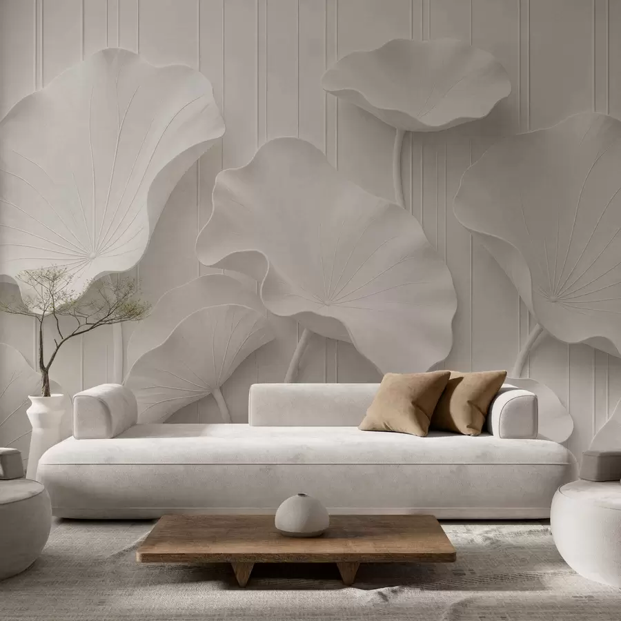 wall murals Бели скулптурални цветни рељеф са слојевитим латицама, елегантна 3Д зидна уметност w05604
