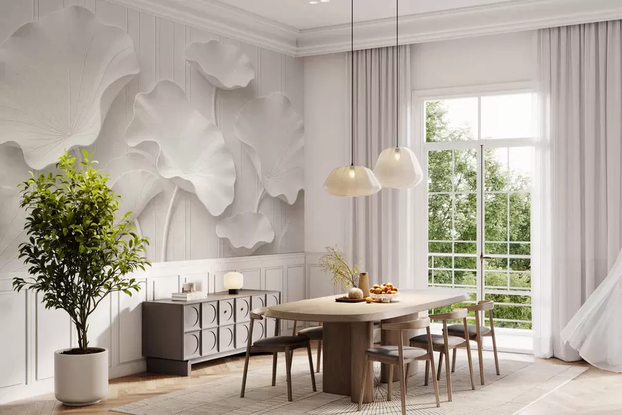 wall murals Бели скулптурални цветни рељеф са слојевитим латицама, елегантна 3Д зидна уметност w05604