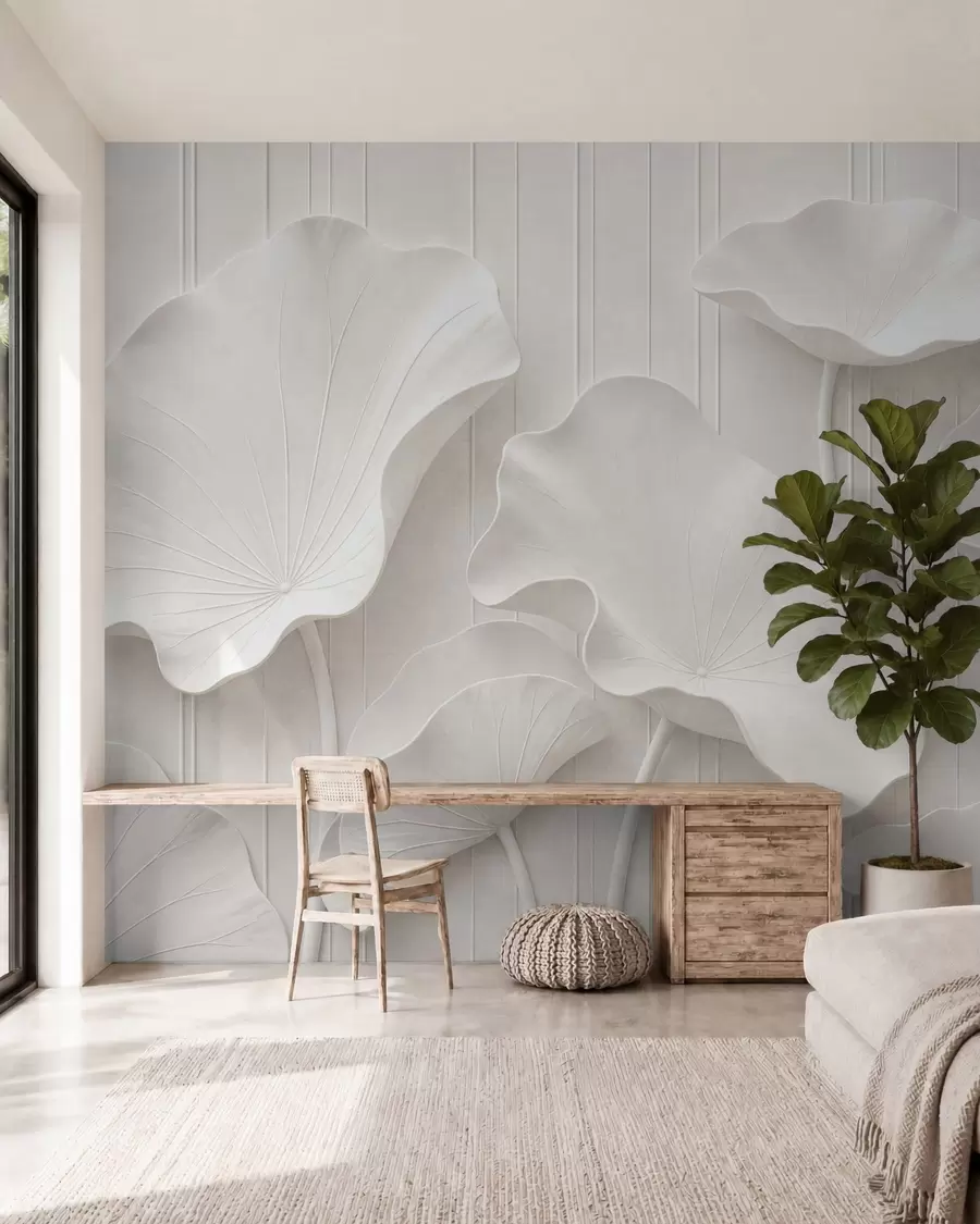 wall murals Бели скулптурални цветни рељеф са слојевитим латицама, елегантна 3Д зидна уметност w05604