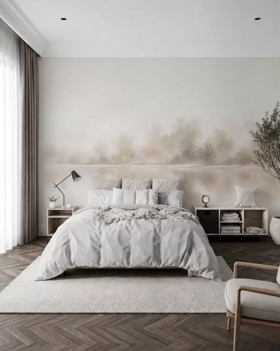 wall murals Минималистички магловити пејзаж са нежним рефлексијама у топлим неутралним тоновима w05606