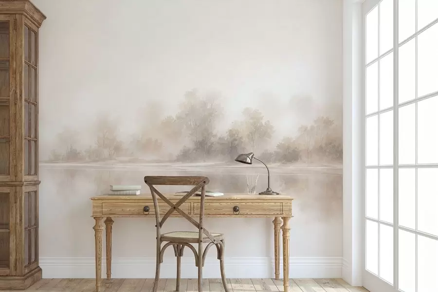 wall murals Минималистички магловити пејзаж са нежним рефлексијама у топлим неутралним тоновима w05606