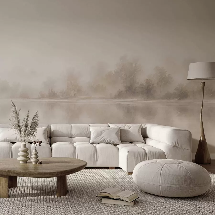 wall murals Минималистички магловити пејзаж са нежним рефлексијама у топлим неутралним тоновима w05606
