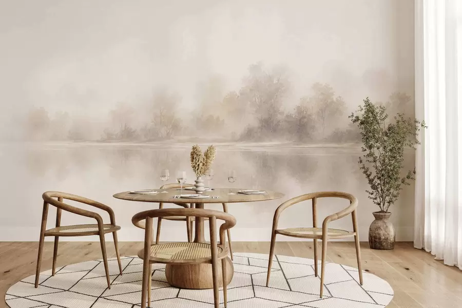 wall murals Минималистички магловити пејзаж са нежним рефлексијама у топлим неутралним тоновима w05606