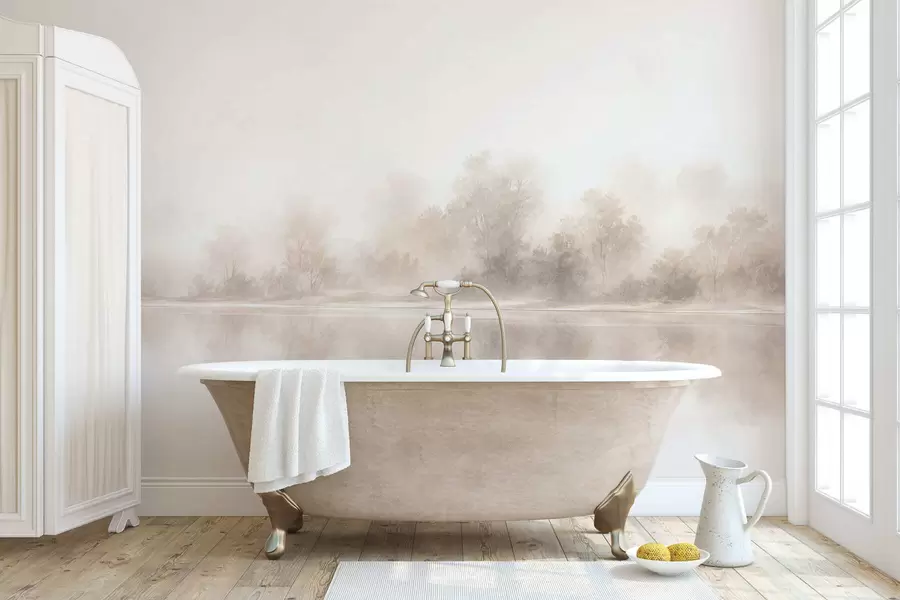 wall murals Минималистички магловити пејзаж са нежним рефлексијама у топлим неутралним тоновима w05606