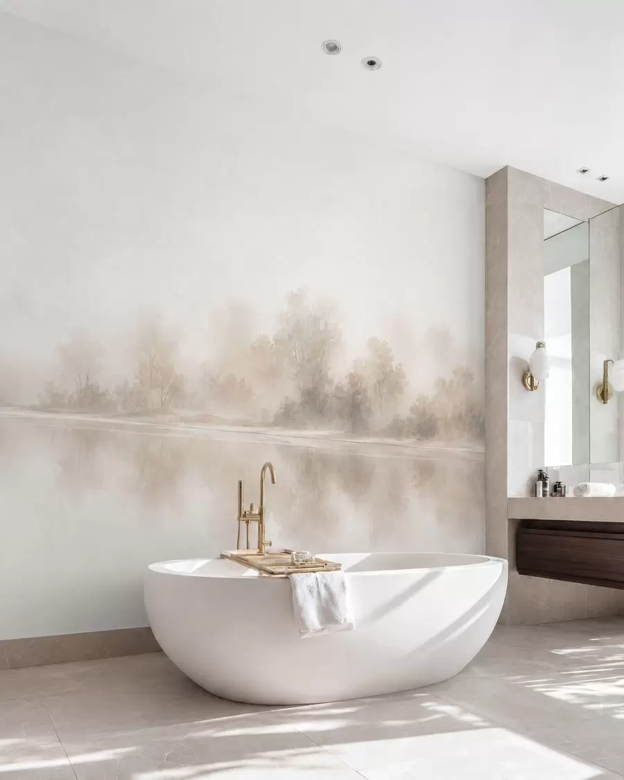 wall murals Минималистички магловити пејзаж са нежним рефлексијама у топлим неутралним тоновима w05606