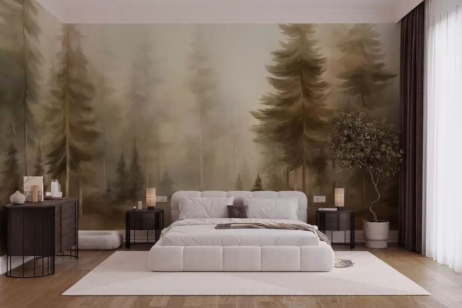 wall murals Густа шума са високим боровима у лаганој магли, текстурирана пејзажна уметност w09830