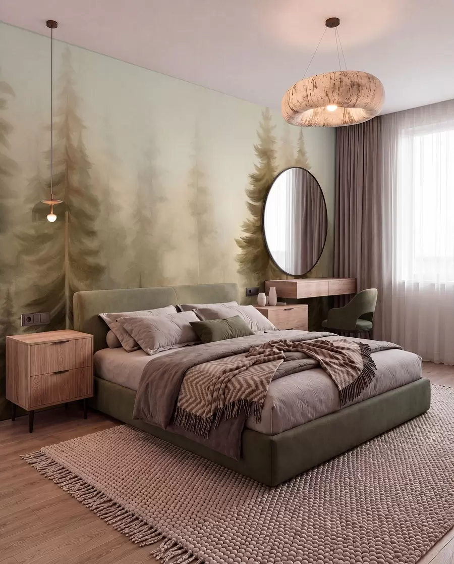 wall murals Густа шума са високим боровима у лаганој магли, текстурирана пејзажна уметност w09830