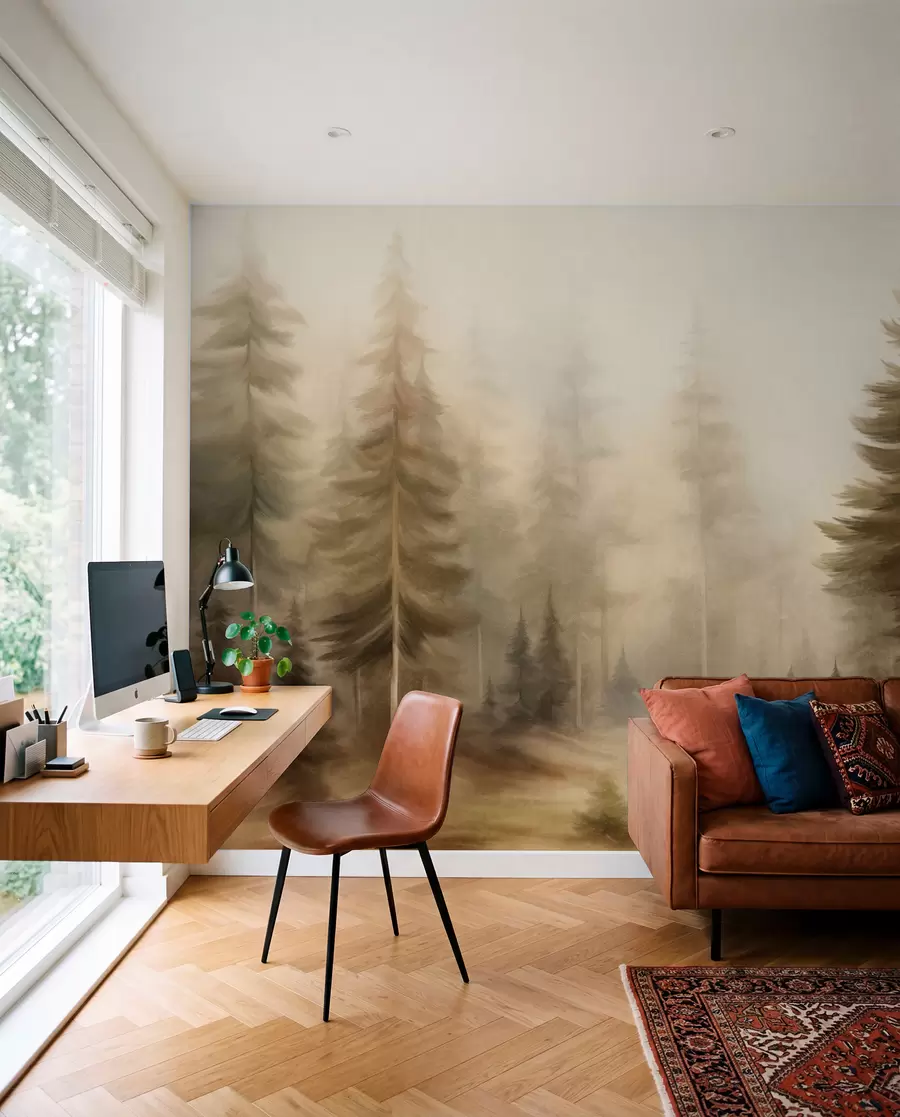 wall murals Густа шума са високим боровима у лаганој магли, текстурирана пејзажна уметност w09830