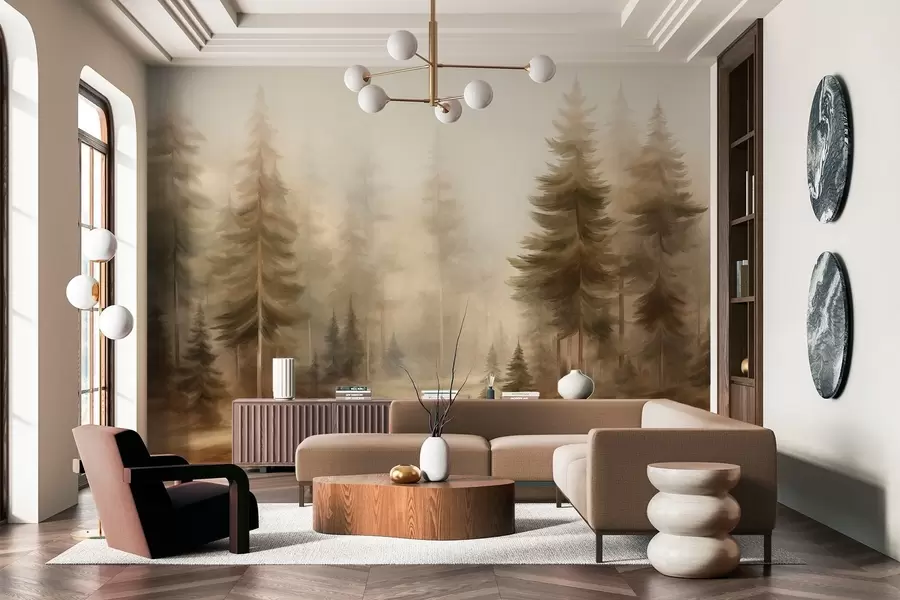 wall murals Густа шума са високим боровима у лаганој магли, текстурирана пејзажна уметност w09830