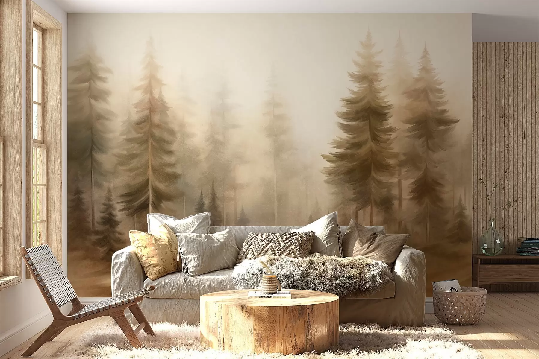 wall murals Густа шума са високим боровима у лаганој магли, текстурирана пејзажна уметност w09830