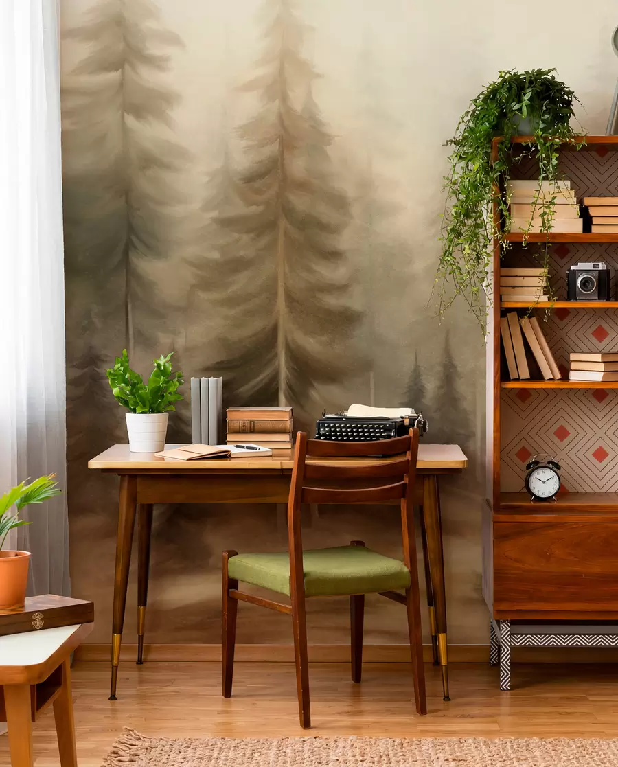 wall murals Густа шума са високим боровима у лаганој магли, текстурирана пејзажна уметност w09830