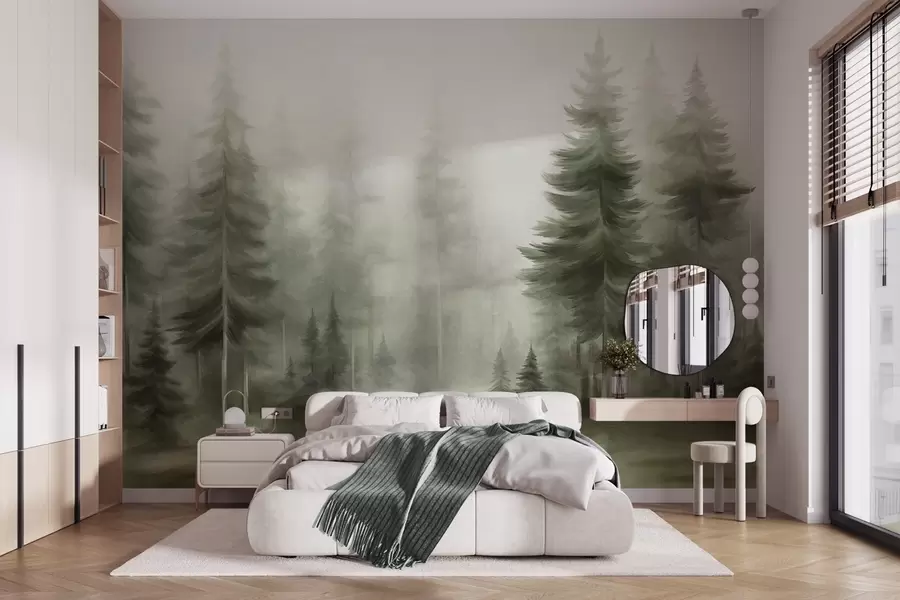 wall murals Густа шума са високим боровима у лаганој магли, текстурирана пејзажна уметност w09830v1