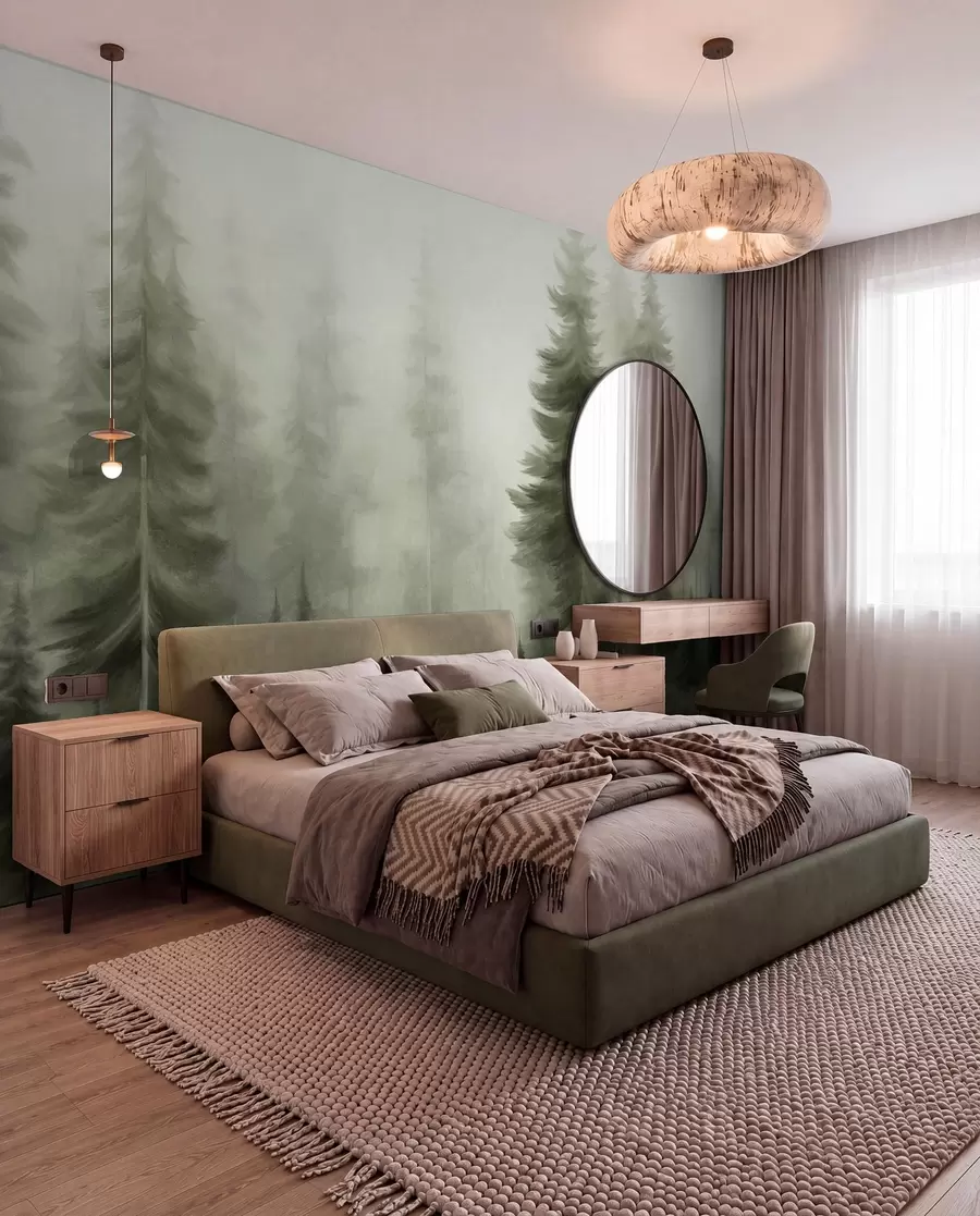 wall murals Густа шума са високим боровима у лаганој магли, текстурирана пејзажна уметност w09830v1