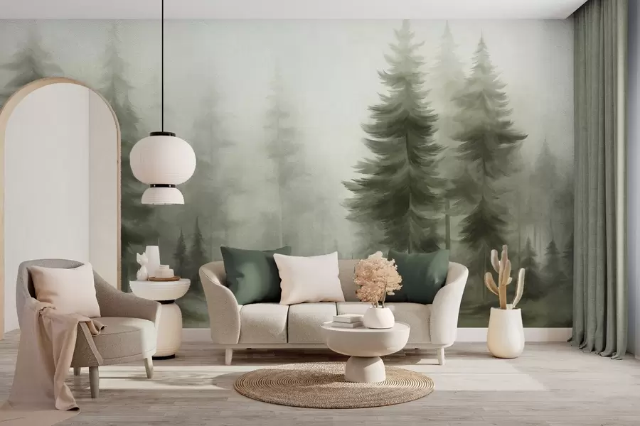 wall murals Густа шума са високим боровима у лаганој магли, текстурирана пејзажна уметност w09830v1