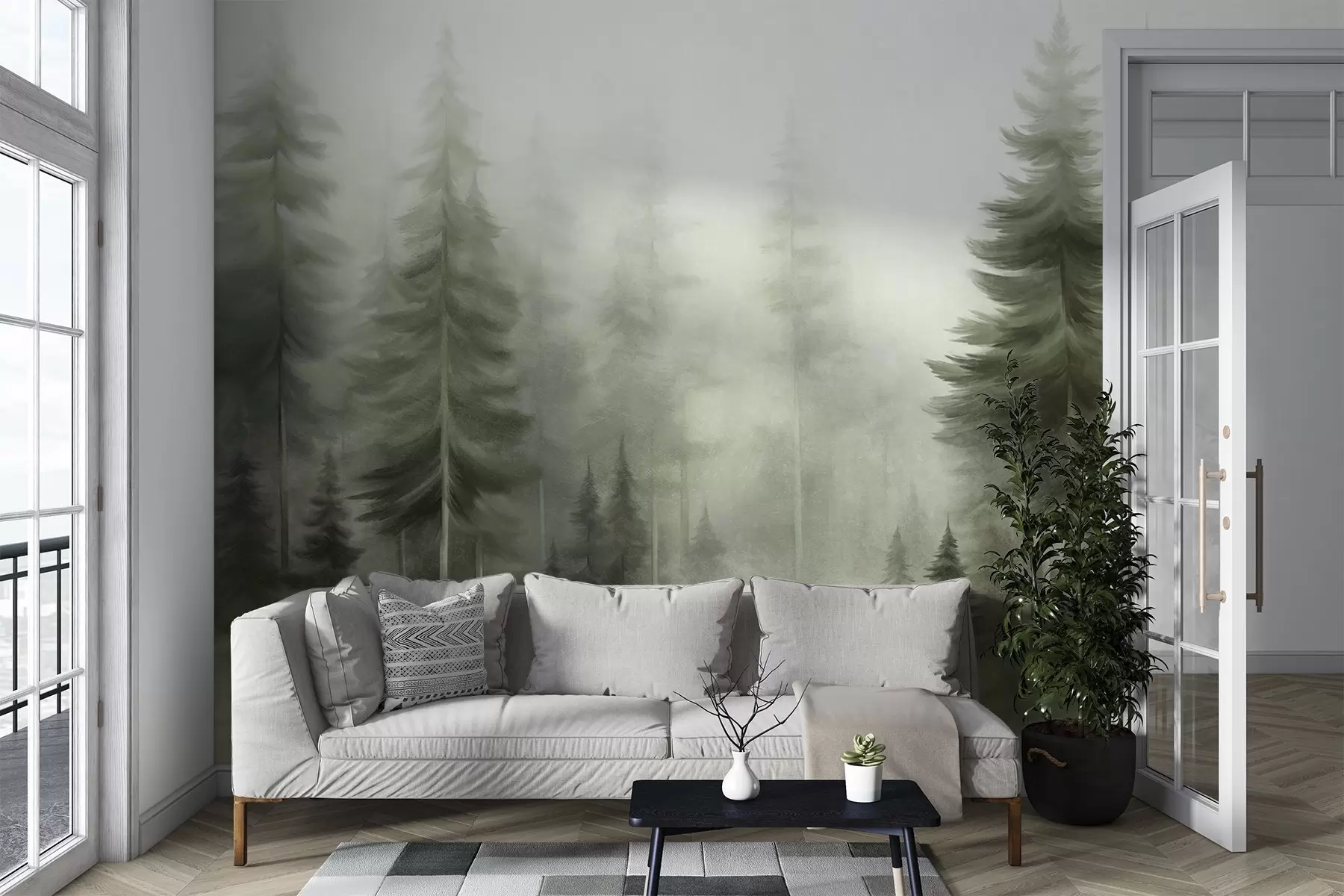 wall murals Густа шума са високим боровима у лаганој магли, текстурирана пејзажна уметност w09830v1