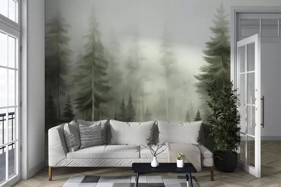 wall murals Густа шума са високим боровима у лаганој магли, текстурирана пејзажна уметност w09830v1
