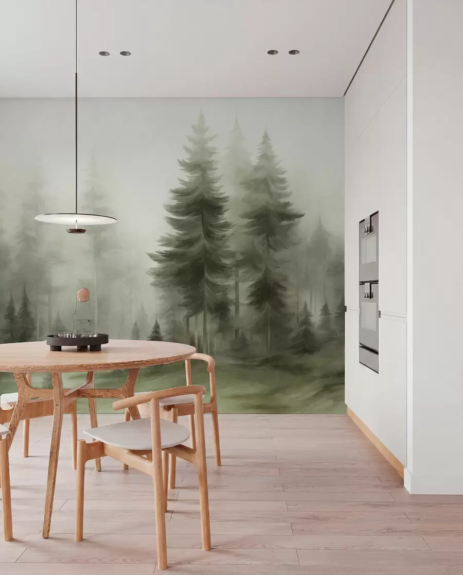 wall murals Густа шума са високим боровима у лаганој магли, текстурирана пејзажна уметност w09830v1