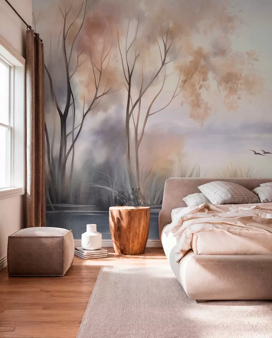 wall murals Пејзаж, магловито језеро са дрвећем и трском, птице у лету, текстурирани стил акварела w09866