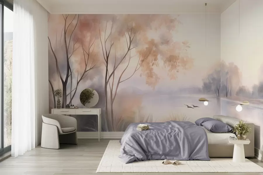wall murals Пејзаж, магловито језеро са дрвећем и трском, птице у лету, текстурирани стил акварела w09866