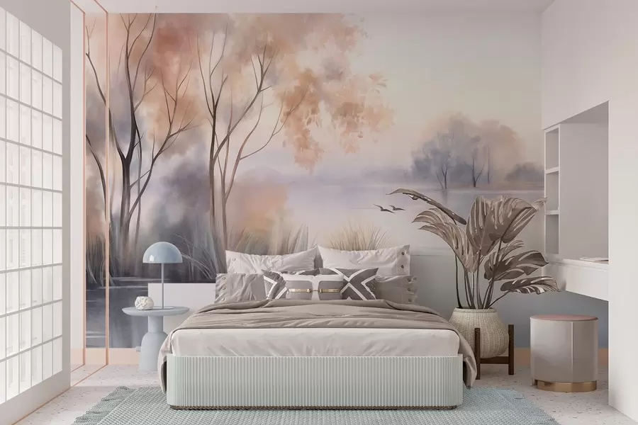 wall murals Пејзаж, магловито језеро са дрвећем и трском, птице у лету, текстурирани стил акварела w09866
