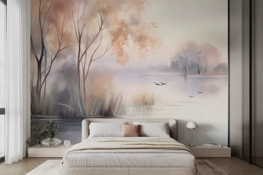 wall murals Пејзаж, магловито језеро са дрвећем и трском, птице у лету, текстурирани стил акварела w09866